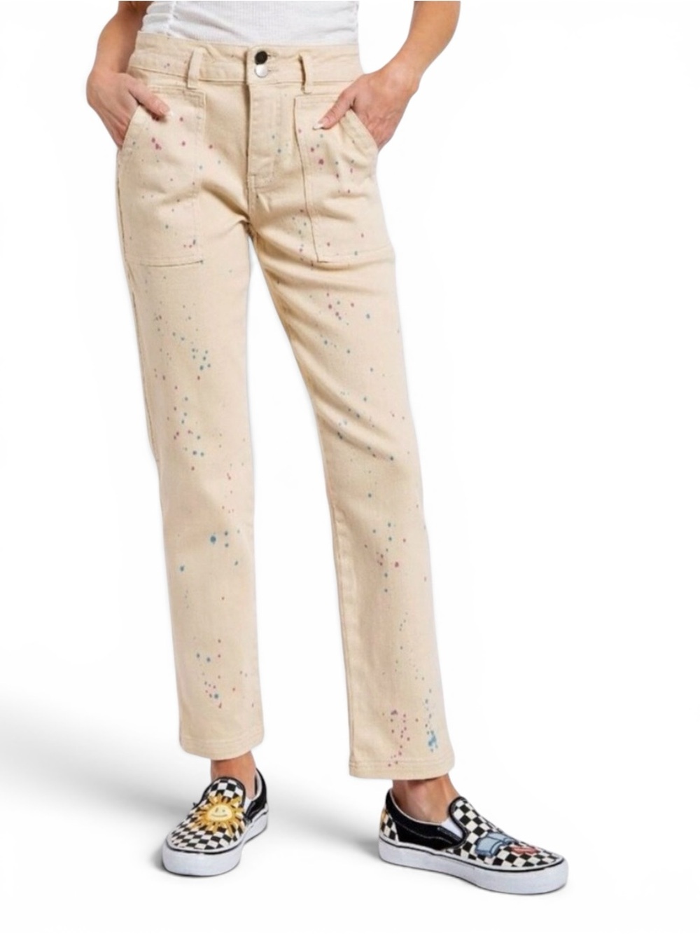 🆕 Easel - Straight-Leg Jeans -  Paint-Splatter Detail - Cream - NWT - Sz Large